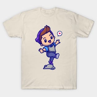 Cute Boy Stepping On The Rock Cartoon T-Shirt